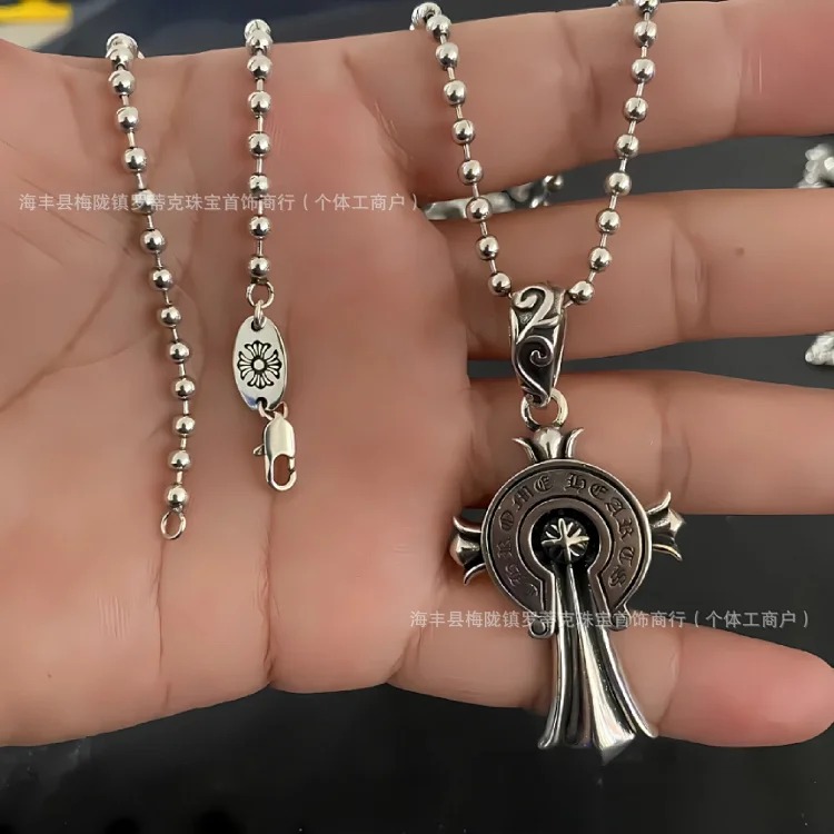 Chrome Hearts CH trendy brand retro old men's and women's cross s925 sterling silver Crow necklace high Thai silver pendant necklace image 4