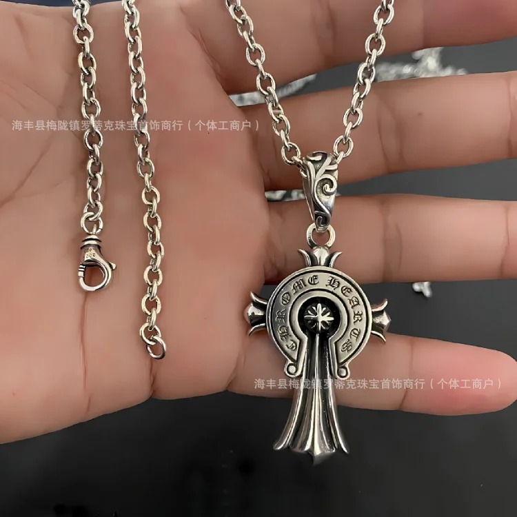Chrome Hearts CH trendy brand retro old men's and women's cross s925 sterling silver Crow necklace high Thai silver pendant necklace image 5