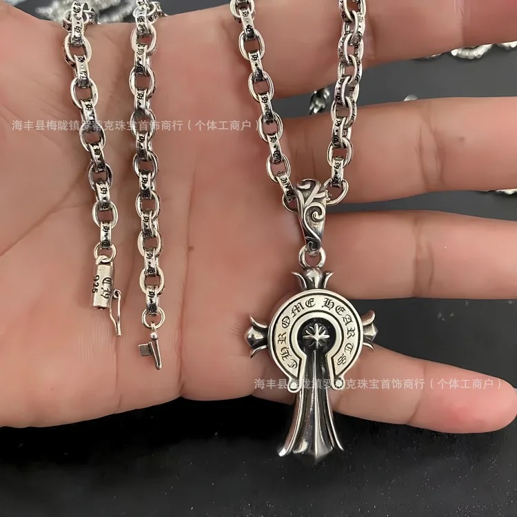 Chrome Hearts CH trendy brand retro old men's and women's cross s925 sterling silver Crow necklace high Thai silver pendant necklace image 6