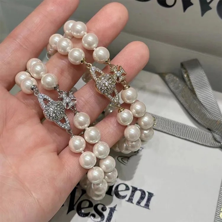 Vivienne West Queen Mother Double Pearl Saturn Magnetic Bracelet Women's Classic Retro Full Diamond Planet Pearl Bracelet