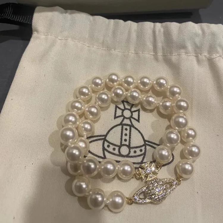Vivienne West Queen Mother Double Pearl Saturn Magnetic Bracelet Women's Classic Retro Full Diamond Planet Pearl Bracelet