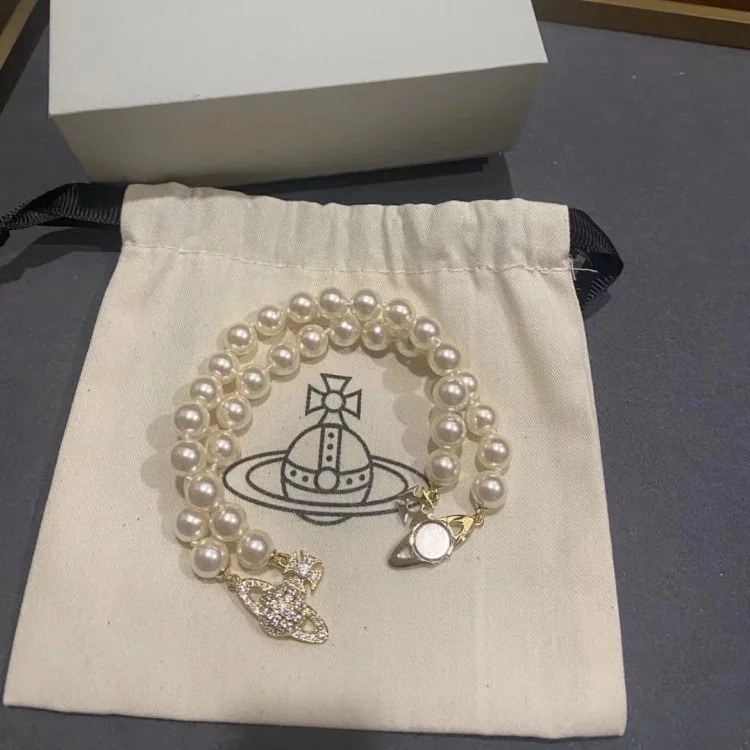 Vivienne West Queen Mother Double Pearl Saturn Magnetic Bracelet Women's Classic Retro Full Diamond Planet Pearl Bracelet