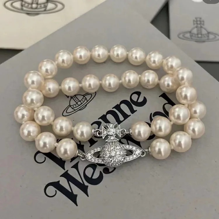 Vivienne West Queen Mother Double Pearl Saturn Magnetic Bracelet Women's Classic Retro Full Diamond Planet Pearl Bracelet