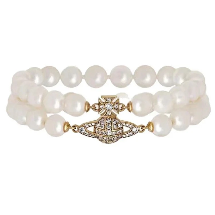 Vivienne West Queen Mother Double Pearl Saturn Magnetic Bracelet Women's Classic Retro Full Diamond Planet Pearl Bracelet