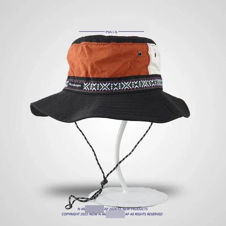 Ethnic style decorative color matching fisherman hat for men and women outdoor sun protection camping mountaineering hat summer sunshade hat quick-drying hat