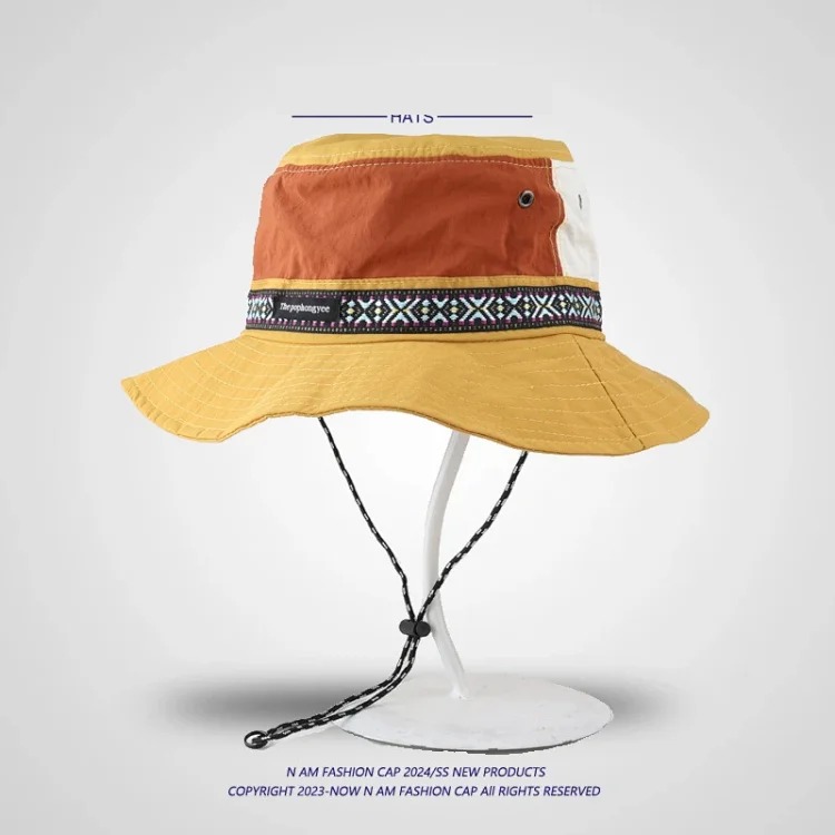 Ethnic style decorative color matching fisherman hat for men and women outdoor sun protection camping mountaineering hat summer sunshade hat quick-drying hat