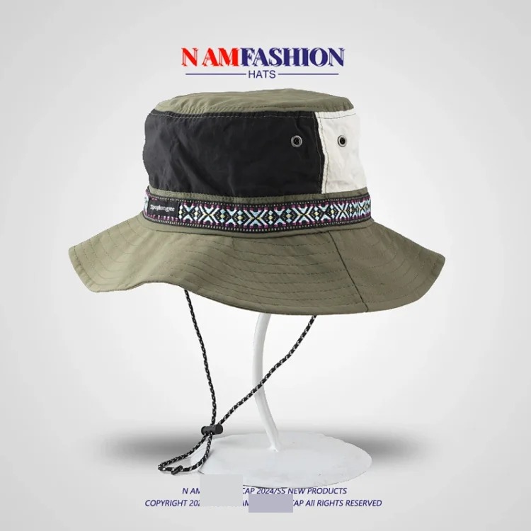 Ethnic style decorative color matching fisherman hat for men and women outdoor sun protection camping mountaineering hat summer sunshade hat quick-drying hat