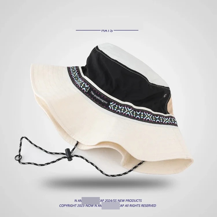 Ethnic style decorative color matching fisherman hat for men and women outdoor sun protection camping mountaineering hat summer sunshade hat quick-drying hat