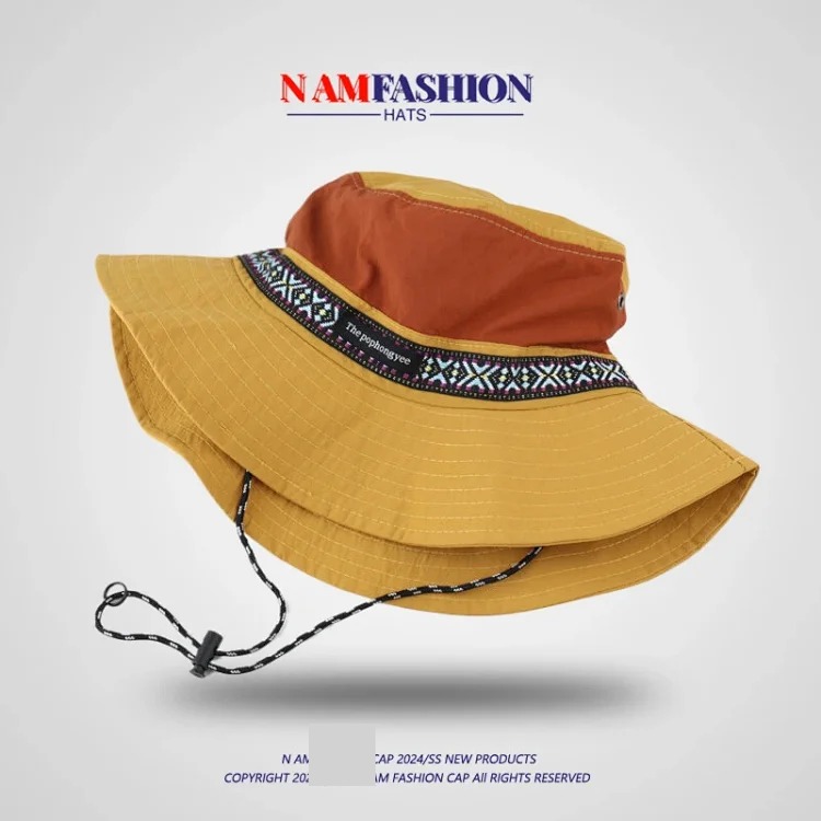 Ethnic style decorative color matching fisherman hat for men and women outdoor sun protection camping mountaineering hat summer sunshade hat quick-drying hat