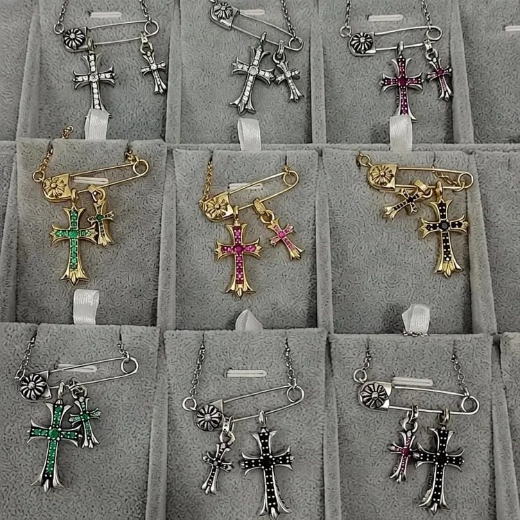 Chrome Hearts Ch Crow necklace trendy brand retro old s925 silver men's and women's brooch clavicle chain diamond double cross necklace