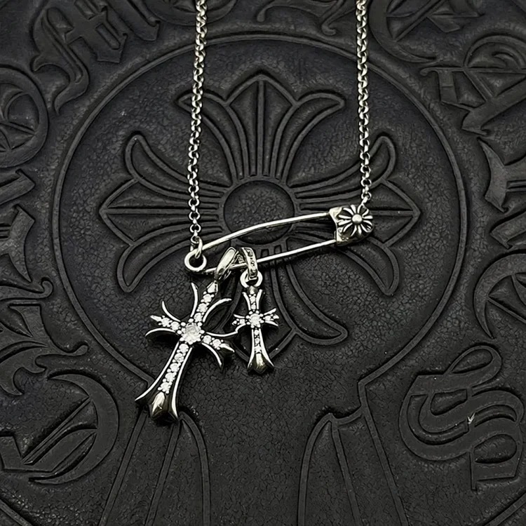 Chrome Hearts Ch Crow necklace trendy brand retro old s925 silver men's and women's brooch clavicle chain diamond double cross necklace image 3