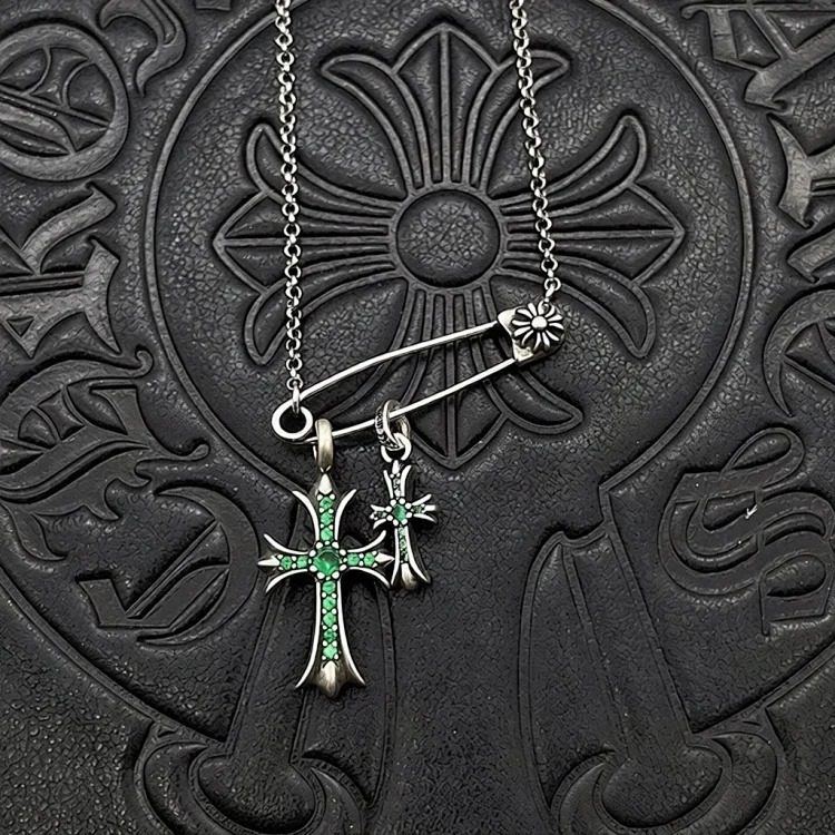 Chrome Hearts Ch Crow necklace trendy brand retro old s925 silver men's and women's brooch clavicle chain diamond double cross necklace image 4