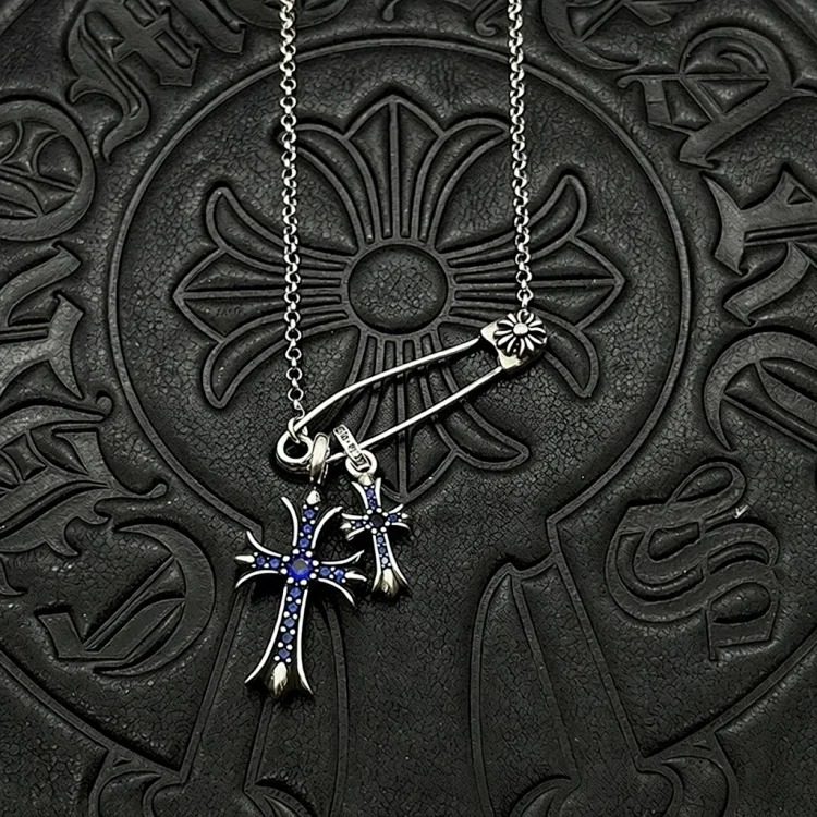 Chrome Hearts Ch Crow necklace trendy brand retro old s925 silver men's and women's brooch clavicle chain diamond double cross necklace image 5