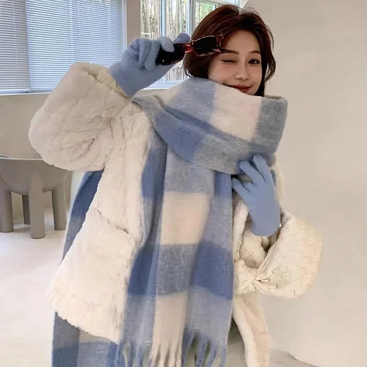 Thickened warm rainbow plaid scarf tassel color block AC shawl image 2