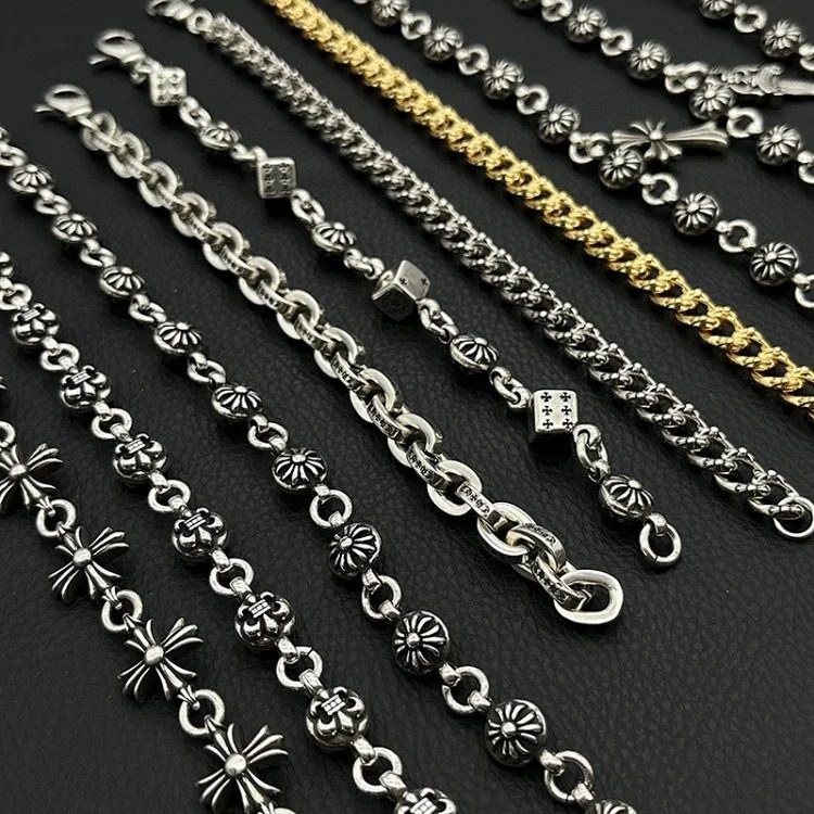 Chrome Hearts Chaoxuan Crow Heart Retro Thick Letter Bracelet Dice Scout Flower Cross Flower Ball Full Flower Diamond Gold Bracelet