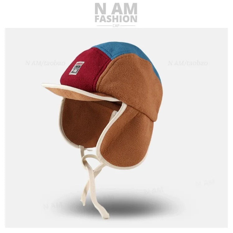 American retro color-blocked polar fleece Lei Feng hat for men and women, autumn and winter ear protection, warm, windproof and cold-proof, casual and versatile