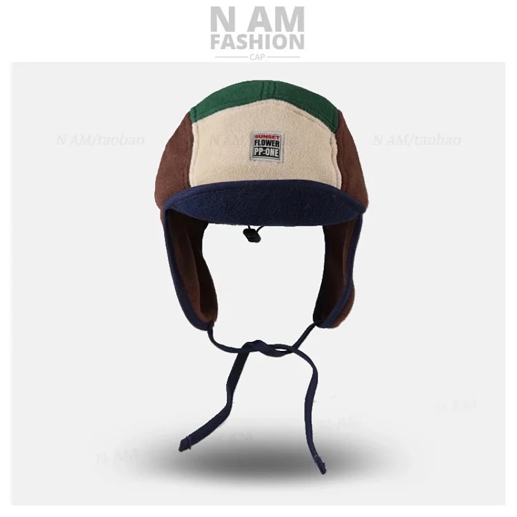 American retro color-blocked polar fleece Lei Feng hat for men and women, autumn and winter ear protection, warm, windproof and cold-proof, casual and versatile