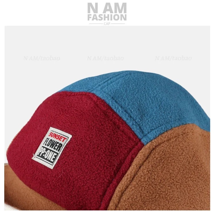 American retro color-blocked polar fleece Lei Feng hat for men and women, autumn and winter ear protection, warm, windproof and cold-proof, casual and versatile