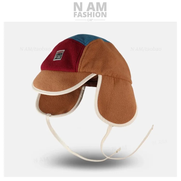 American retro color-blocked polar fleece Lei Feng hat for men and women, autumn and winter ear protection, warm, windproof and cold-proof, casual and versatile