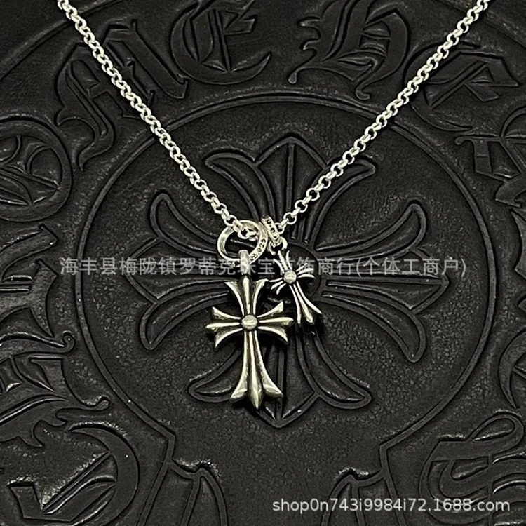 Chrome Hearts Ch trendy brand retro old Crow necklace s925 silver men and women couple size double cross necklace pearl chain