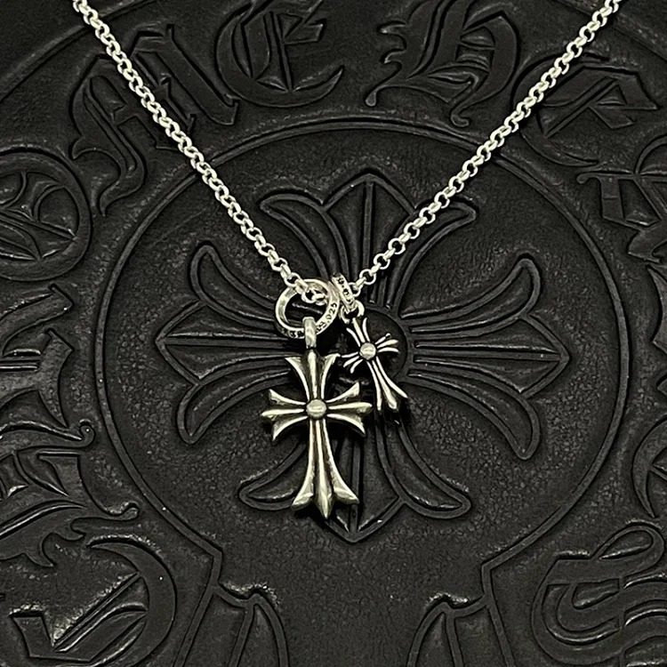 Chrome Hearts Ch trendy brand retro old Crow necklace s925 silver men and women couple size double cross necklace pearl chain image 2