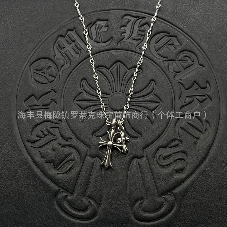 Chrome Hearts Ch trendy brand retro old Crow necklace s925 silver men and women couple size double cross necklace pearl chain image 3