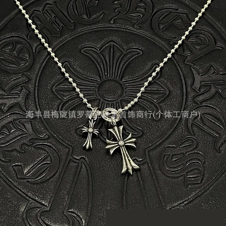 Chrome Hearts Ch trendy brand retro old Crow necklace s925 silver men and women couple size double cross necklace pearl chain image 5