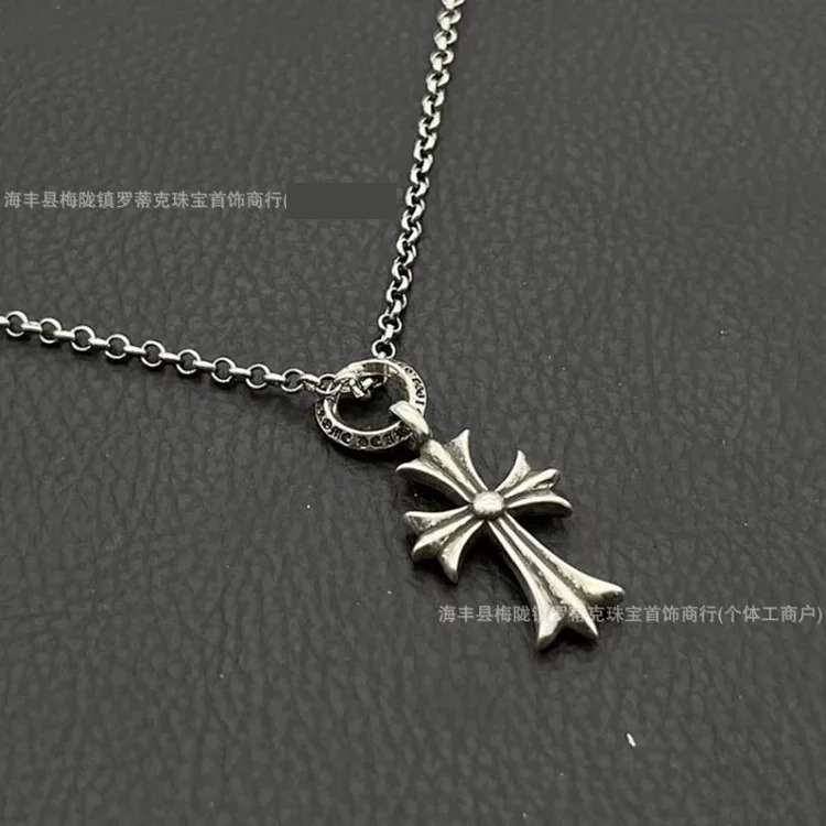 Chrome Hearts Ch trendy brand retro old Crow necklace s925 silver men and women couple size double cross necklace pearl chain image 6