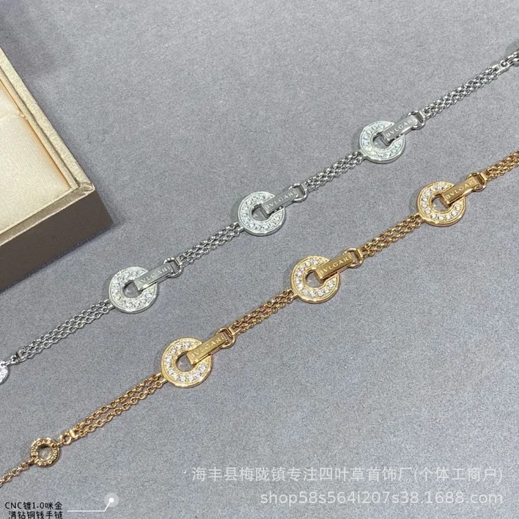 High round cake coin copper coin bracelet, fortune-telling, full of diamonds, hand-made jewelry, double-layered circle jewelry for women
