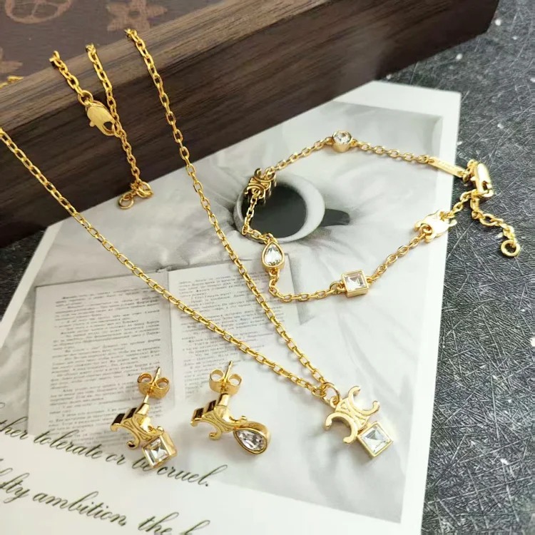 Celine Arc de Triomphe light luxury water drop zircon necklace three-piece retro square zircon bracelet high-end internet celebrity earrings for women