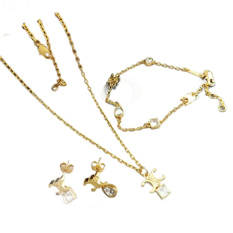 Celine Arc de Triomphe light luxury water drop zircon necklace three-piece retro square zircon bracelet high-end internet celebrity earrings for women
