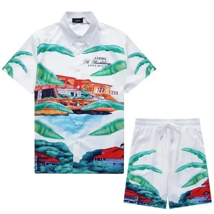 New short-sleeved printed shirt retro Hawaiian shorts couple set-H25 image 2