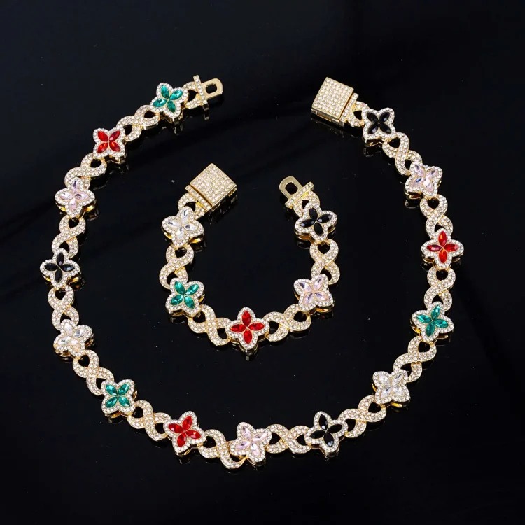 European and American new hot-selling four-leaf clover glass spliced 8-character chain, high-end, trendy, cool and light luxury Cuban chain manufacturer wholesale