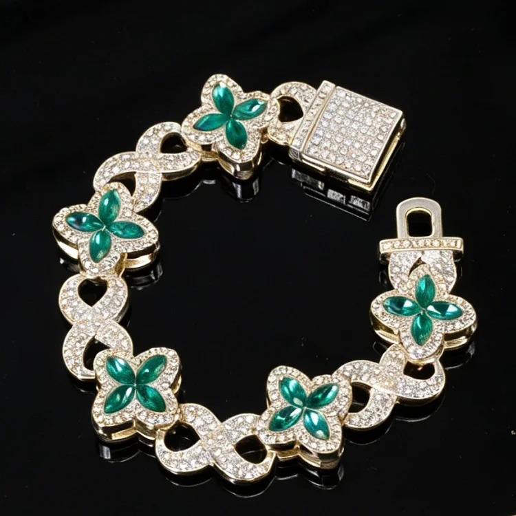 European and American new hot-selling four-leaf clover glass spliced 8-character chain, high-end, trendy, cool and light luxury Cuban chain manufacturer wholesale image 2