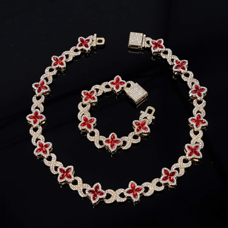 European and American new hot-selling four-leaf clover glass spliced 8-character chain, high-end, trendy, cool and light luxury Cuban chain manufacturer wholesale image 4