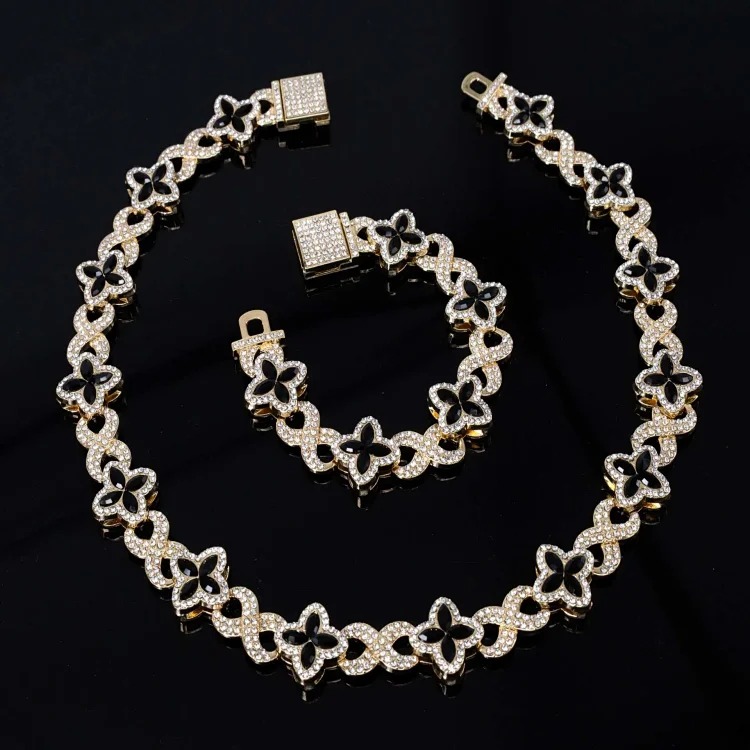 European and American new hot-selling four-leaf clover glass spliced 8-character chain, high-end, trendy, cool and light luxury Cuban chain manufacturer wholesale image 6