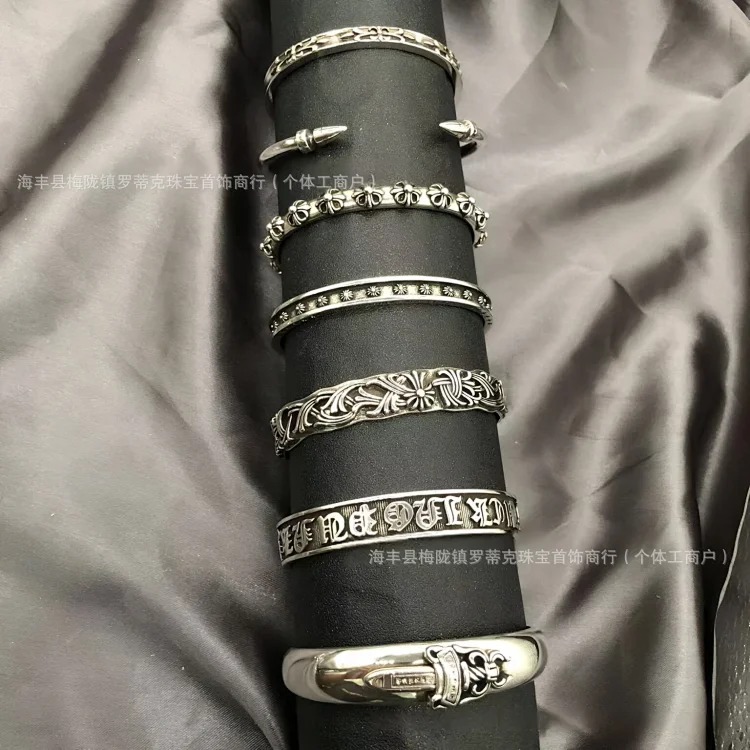 Chrome Hearts Ch fashion brand s925 silver retro old Crow bracelet cross male and female couple punk bracelet open bracelet