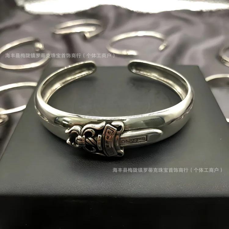 Chrome Hearts Ch fashion brand s925 silver retro old Crow bracelet cross male and female couple punk bracelet open bracelet image 2