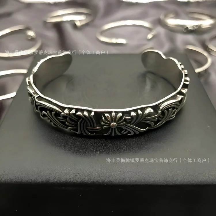 Chrome Hearts Ch fashion brand s925 silver retro old Crow bracelet cross male and female couple punk bracelet open bracelet image 3