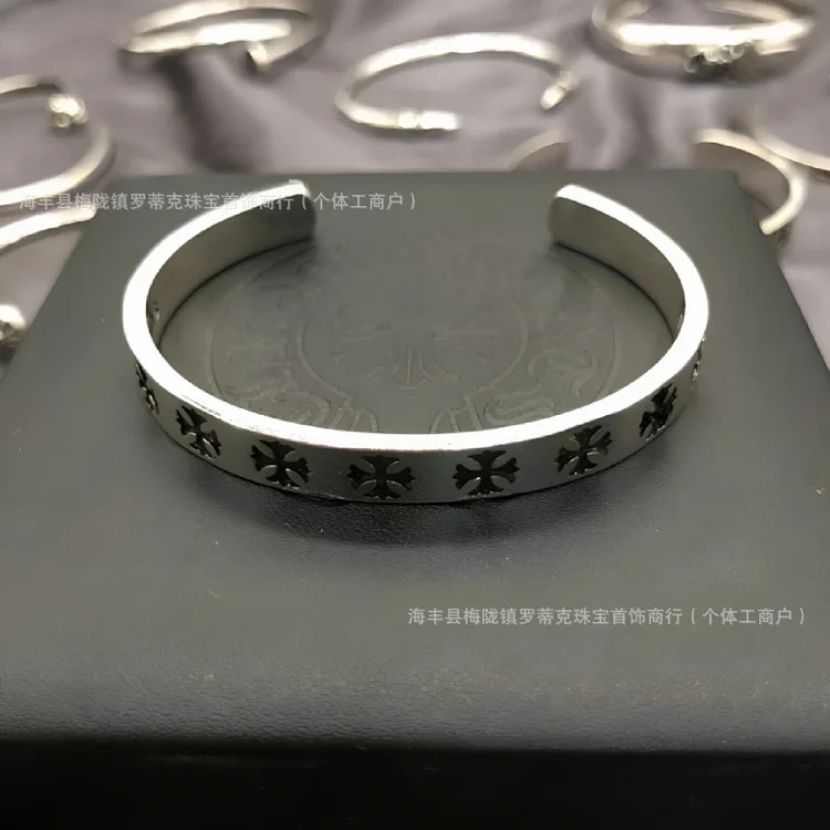 Chrome Hearts Ch fashion brand s925 silver retro old Crow bracelet cross male and female couple punk bracelet open bracelet image 5