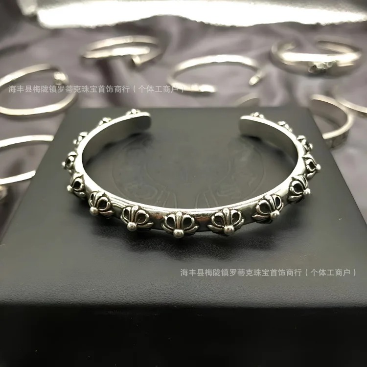 Chrome Hearts Ch fashion brand s925 silver retro old Crow bracelet cross male and female couple punk bracelet open bracelet image 6