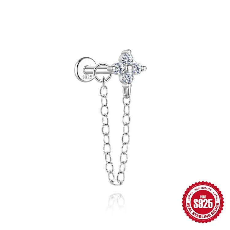 S925 sterling silver star four-leaf clover love moissanite flat head thread pierced bone nail earrings earrings