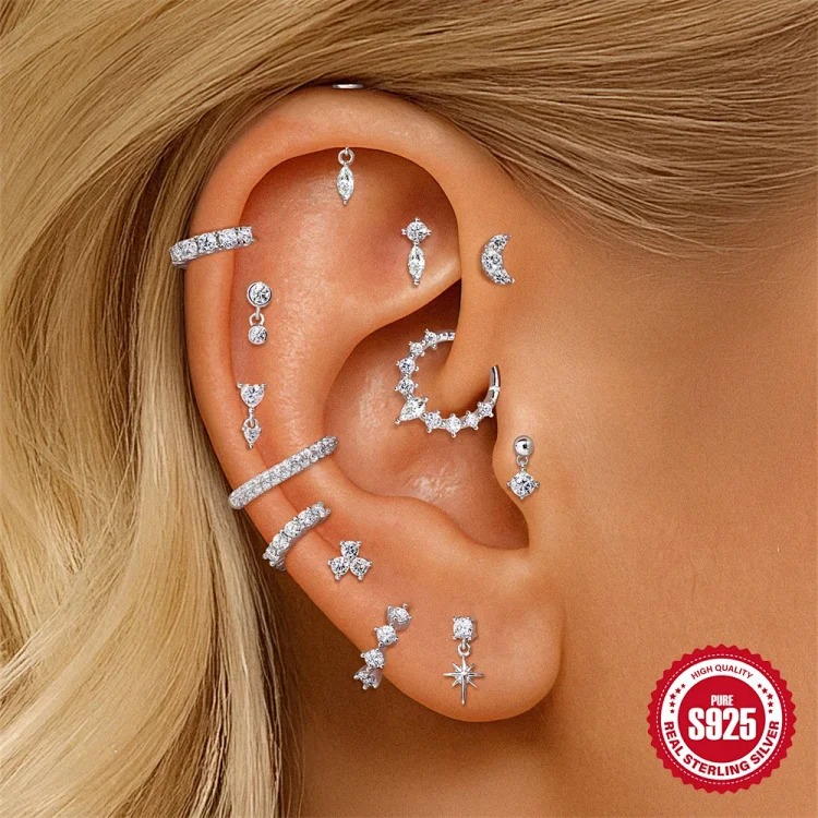 S925 sterling silver star four-leaf clover love moissanite flat head thread pierced bone nail earrings earrings