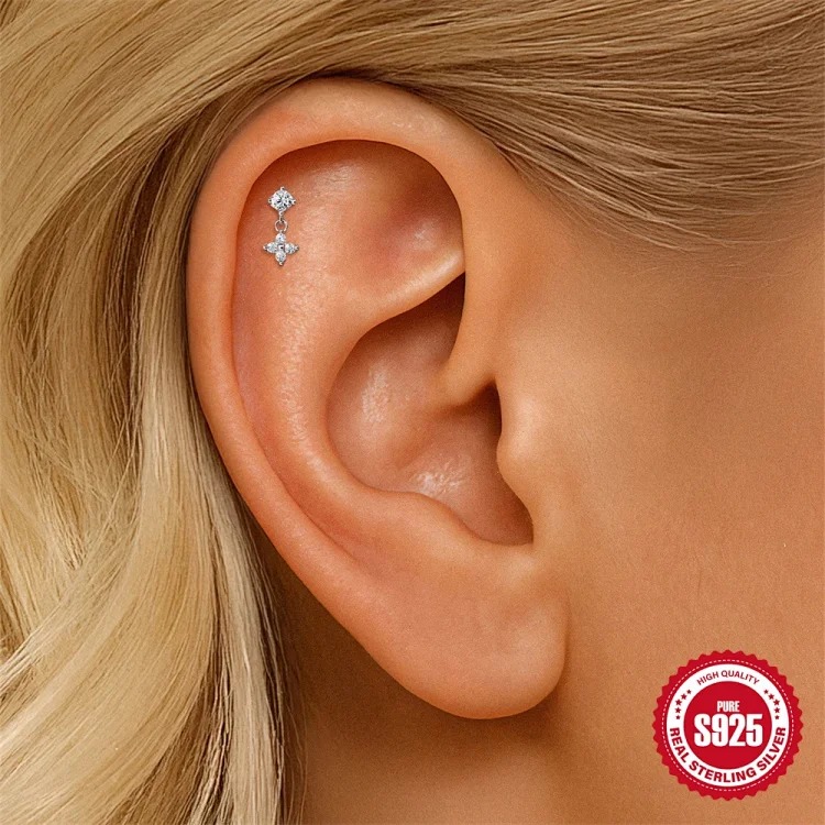 S925 sterling silver star four-leaf clover love moissanite flat head thread pierced bone nail earrings earrings