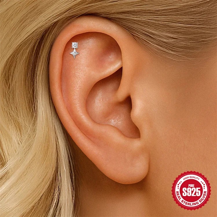 S925 sterling silver star four-leaf clover love moissanite flat head thread pierced bone nail earrings earrings