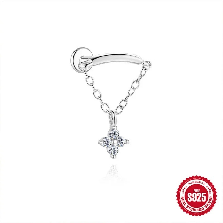 S925 sterling silver star four-leaf clover love moissanite flat head thread pierced bone nail earrings earrings