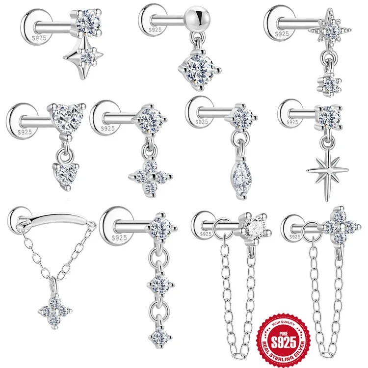 S925 sterling silver star four-leaf clover love moissanite flat head thread pierced bone nail earrings earrings