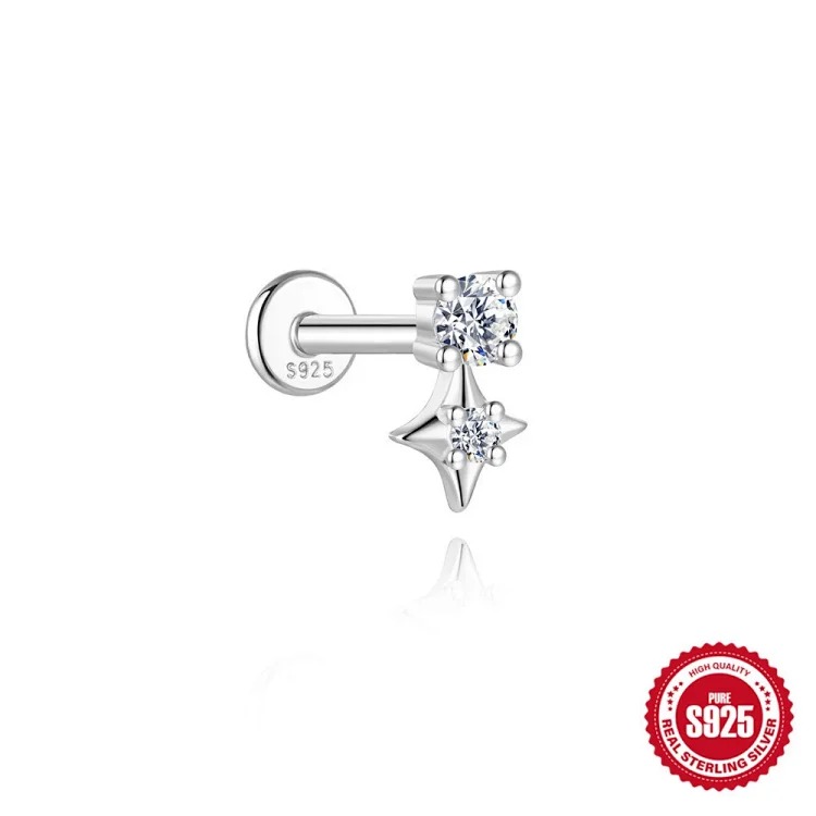 S925 sterling silver star four-leaf clover love moissanite flat head thread pierced bone nail earrings earrings