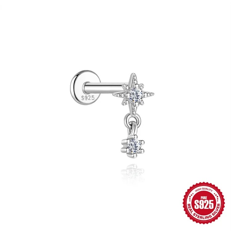 S925 sterling silver star four-leaf clover love moissanite flat head thread pierced bone nail earrings earrings