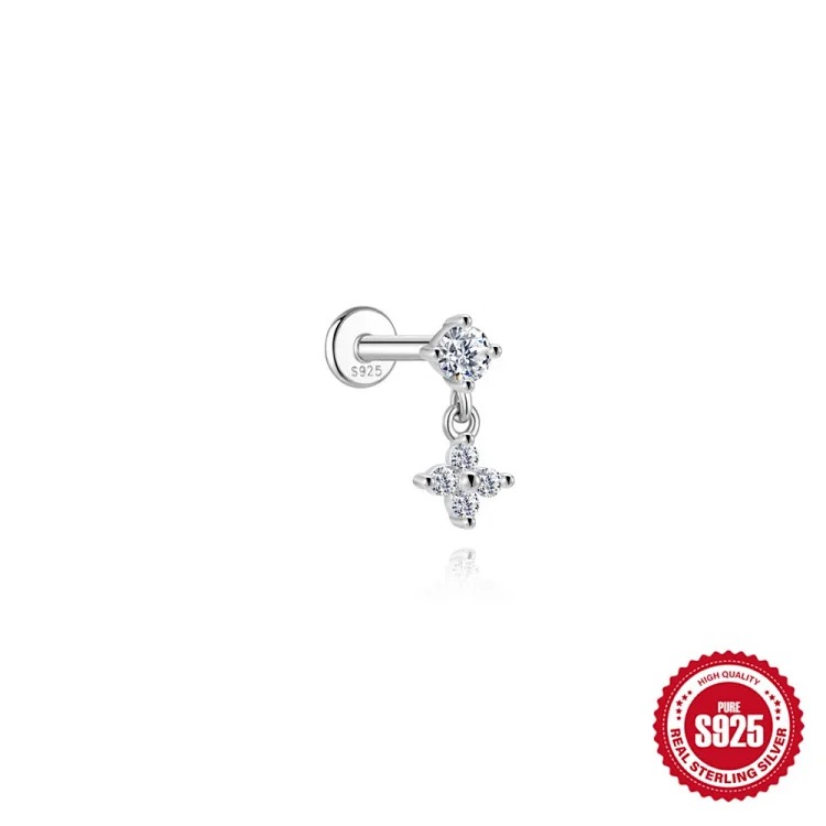 S925 sterling silver star four-leaf clover love moissanite flat head thread pierced bone nail earrings earrings